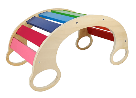 Balansoar Montessori din lemn în culorile curcubeului