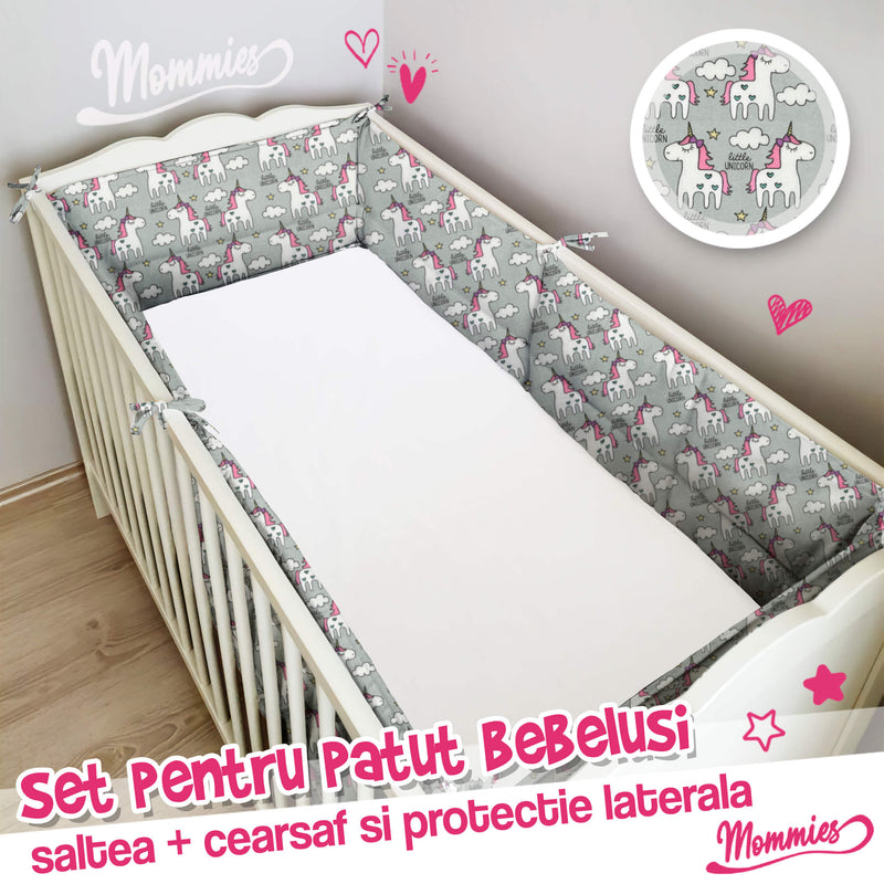 Setul de pătuț pentru copii (saltea, cearșaf si barieră de protecție)